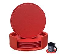 RICHSUM Coasters Set of 6 Soft Leather Drink Coaster Round Coaster with Sewing Around, Suitable for Various Cups, Wooden Tables,Home Decoration,4 Inches(Red)