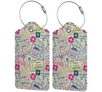 Richugui Art Airplane Flight Stamps Leather Luggage Tags for Adults Teens 2 Pack Colorful Travel Bags Suitcase Labels with Stainless Steel Loop ID Tags
