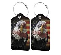 Richugui Bald Eagle USA Flag 2 Pack PU Leather Luggage Tags for Suitcase, Travel Cruise Luggage Tag with Privacy Flap, Name ID Label for Women Men Luggage Handbag School Bag Backpack