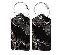 Richugui Black Gold Grey Water Pattern Pack of 2 Luggage Tag with Address Label, Faux Leather Luggage Tag ID Label with Stainless Steel Wire Rope and Name Plate for Travel Bag, Suitcase