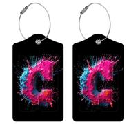 Richugui Blue and Pink Paint Letters on Black Background Suitcase Tags, Air Travel with Address Tag, 2 Pack