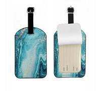 Richugui Blue Golden Water Ripples Leather Luggage Tags,Privacy Cover for Suitcases,Suitcase Tag Identifiers, Luggage Labels Tags with Adjustable Strap,Travel,Pack of 1