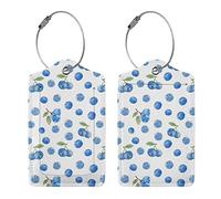 Richugui Cute Blueberry Pack of 2 Luggage Tag Faux Leather Luggage Tag ID Label with Stainless Steel Wire Rope and Name Plate for Travel Bag, Suitcase with Address Label