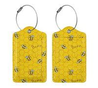 Richugui Cute Little Bee Pack of 2 Luggage Tag with Address Label, Faux Leather Luggage Tag ID Label with Stainless Steel Wire Rope and Name Plate for Travel Bag, Suitcase