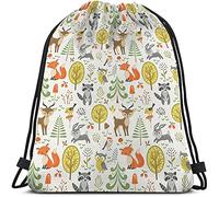 Richugui Drawstring Bags Cute Woodland Animals Backpack Bag Spring Berries Bird Owl Raccoon Tree Rabbit Fox Mushroom Sport Gym Sack Drawstring Bag Yoga Bag for Men Women String Bag