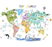 Richugui Large Cartoon Animals World Map Wall Stickers, Removable Educational Wall Decals Kids Wall Stickers for Nursery Bedroom Living Room Decor