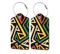 Richugui Red,Green,Yellow and Khaki Geometric Pattern 2 Pack PU Leather Luggage Tags for Suitcase, Luggage Tag with Privacy Flap,for Women Men Luggage Handbag School Bag Backpack