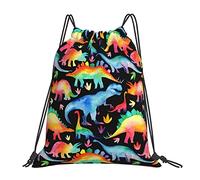 Richugui Retro 80s Drawstring Backpack Dinosaur Drawstring Bags Sports Gym Bag For Women Men Backpacks Swim Bag For Beach