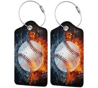 Richugui Retro Water Fire Baseball Pattern 2 Pack PU Leather Luggage Tags for Suitcase, Luggage Tag with Privacy Flap, Name ID Label for Women Men Luggage Handbag School Bag Backpack