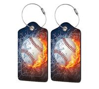 Richugui Water Fire Baseball Pattern 2 Pack PU Leather Luggage Tags for Suitcase,Luggage Tag with Privacy Flap, Name ID Label for Women Men Luggage Handbag School Bag Backpack