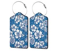 Richugui White Flowers Blue Background Pattern 2 Pack PU Leather Luggage Tags for Suitcase,Luggage Tag with Privacy Flap, for Women Men Luggage Handbag School Bag Backpack