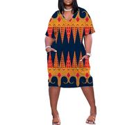 RICOCHO African Kente Print Short Dress Ankara 3D Print Short Sleeeve Tunic Dress Dashiki Ethnic Geometric Dress