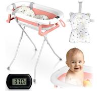 Ricokids Baby Bath with Frame, Thermometer and Bath Pillow, Foldable, Lightweight, Non-Slip, White/Pink