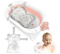 Ricokids Baby Bathtub with Bath Pillow - Foldable Lightweight Non-Slip - White Pink