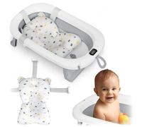 Ricokids Baby Bathtub with Thermometer and Bath Pillow - Foldable Lightweight Non-Slip - White Grey