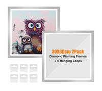 RICUVED 2Pack Diamond Painting Silver Frames, Frames for 30x30cm Diamond Art Canvas, Magnetic Diamond Art Frame Self-Adhesive, Diamond Painting Frames with Hooks for Wall Door (Silver)