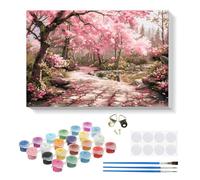 RICUVED Cherry Blossom Paint by Numbers Kits for Adults Kids,Landscape Painting Kits for Beginners On Clear Symbols Canvas with Wooden Framed, Easy DIY Acrylic Pigment Drawing Paintwork 20x30cm