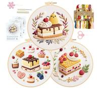 RidaaFri Embroidery Kit for Beginners 3-Piece Starter Set with Pre-Printed Cake & Fruit Patterns, Hoop, Needles, Threads & Step-by-Step Guide, DIY Hand Embroidery Craft for Adults