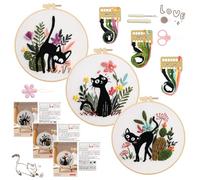 RidaaFri Embroidery Kit for Beginners Set of 3, DIY Hand Stamped Embroidery Kits for Adults and Starts with Cute Cat and Plants Patterns, Hoop, Needle, Threads and Instructions