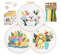 RidaaFri Embroidery Kit for Beginners Set of 3, DIY Hand Stamped Embroidery Kits for Adults, Kids and Starter with Dogs, Floral, Plants Patterns, Step by Step Instructions and Video Tutorial