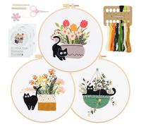 RidaaFri Embroidery Kit for Beginners Set of 3, DIY Hand Stamped Embroidery Kits for Adults, Kids and Starts with Cute Cat and Plants Patterns, Hoop, Needle, Threads and Instructions