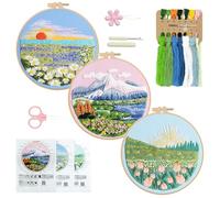 RidaaFri Embroidery Starter Kit for Beginners Set of 3, Hand Stamped Cross Stitch Kits for Starter, Adults and Kids with Cute Flowers and Plants Patterns Fabric, Hoop, Needle and Threads