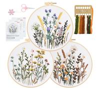 RidaaFri Embroidery Starter Kit for Beginners Set of 3, Hand Stamped Cross Stitch Kits for Starter, Adults and Kids with Cute Flowers and Plants Patterns Fabric, Hoop, Needle and Threads