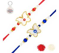 Riddhika Ventures Evil Eye Rakhi Protect From Negative Energy (Set of 2) with Roli Chawal, Greeting Card and and One Motivational Keychain (T1U1K)