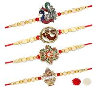 Riddhika Ventures Stylish Kundan and AD Ring Rakhi (Set of 2) (Bracelet) with Roli Chawal and Greeting Card, XL, Cotton, Pearl