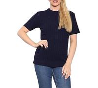 Womens Short Sleeve Cable Knitted Top Shirt Crew Neck Ribbed Sweater Ladies Summer Winter Classic Fit Basic Jumper Short Sleeve Spring Top Sweater Navy UK 16