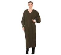 RIDDLED WITH STYLE Ladies Balloon Sleeve V Neck Side Split Knitted Dress Womens Knitted Maxi Dress Classic Plain Top Pullover Long Dress Winter Wear Casual Maxi Top One Size (Fits UK 8-14) Khaki