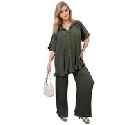 RIDDLED WITH STYLE Ladies Casual Loose Fit Oversized Baggy Plus Size Swing Summer Crinkle Top and Palazzo Set Women’s Buttoned Pleated Short Sleeve Collared Two Piece Co ord Set (Khaki, UK 12-14)
