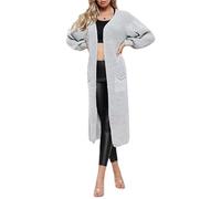 RIDDLED WITH STYLE Ladies Knitted Open Front 2 Pocket Cardigans Women Balloon Long Sleeve Plain Long Maxi Cardigan Casual Wear Winter Warm Loose Fit Cardigans UK Plus Size 8-20 Silver Grey