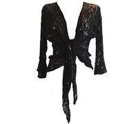 RIDDLED WITH STYLE Ladies Long Bell Sleeve Elegant Front Tie Shrug Women’s Sparkly Sequin Lace Bolero Jacket Sheer Party Evening Cardigan Cover Up for Formal Wedding Cocktail UK Size 8-26 Black