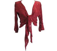 RIDDLED WITH STYLE Ladies Long Bell Sleeve Elegant Front Tie Shrug Women’s Sparkly Sequin Lace Bolero Jacket Sheer Party Evening Cardigan Cover Up for Formal Wedding Cocktail UK Size 8-26 Red