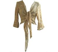RIDDLED WITH STYLE Ladies Long Bell Sleeve Elegant Front Tie Shrug Women’s Sparkly Sequin Lace Bolero Jacket Sheer Party Evening Cardigan Cover Up for Formal Wedding Cocktail UK Size 8-26 Gold