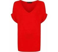 RIDDLED WITH STYLE Ladies Turn Up Sleeve Tunic V Neck Summer Top Womens Plain Printed Short Sleeve Baggy T-Shirt Red UK 24-26