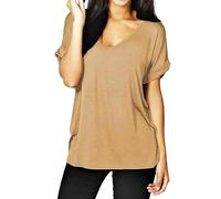 RIDDLED WITH STYLE Ladies Plain V Neck Turn Up Sleeve Top Womens Baggy Loose Stretched Casual Wear Printed Top T-shirt Animal Print Summer Beach Tee Top Shirt Plus Size UK 8-26 Mocha