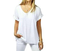 RIDDLED WITH STYLE Ladies Turn Up Sleeve Tunic V Neck Summer Top Womens Plain Printed Short Sleeve Baggy T-Shirt White UK 24-26