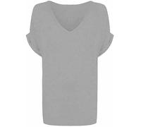 RIDDLED WITH STYLE Ladies Plain V Neck Turn Up Sleeve Top Womens Baggy Loose Stretched Casual Wear Printed Top T-shirt Animal Print Summer Beach Tee Top Shirt Plus Size UK 8-26 Light Grey