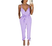RIDDLED WITH STYLE Ladies Sleeveless Playsuit Strappy Cami Tie Belted Waist Ankle Plunge Tie All in One Dress Women's Plain Jumpsuit Wrap Over V Neck Lightweight Playsuit (Lilac, UK 12)