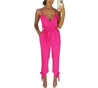 RIDDLED WITH STYLE Ladies Sleeveless Playsuit Strappy Cami Tie Belted Waist Ankle Plunge Tie All in One Dress Women's Plain Jumpsuit Wrap Over V Neck Lightweight Playsuit (Hot Pink, UK 10)