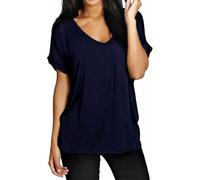 RIDDLED WITH STYLE Ladies Turn Up Sleeve Tunic V Neck Summer Top Womens Plain Printed Short Sleeve Baggy T-Shirt Navy UK 24-26