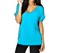 RIDDLED WITH STYLE Ladies Turn Up Sleeve Tunic V Neck Summer Top Womens Plain Printed Short Sleeve Baggy T-Shirt Turquoise UK 16-18