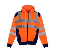 RIDDLED WITH STYLE Mens Hi Vis Contrast Patches Hoodie High Visibility Reflective Tape Zip Up Sweater Long Sleeve Hooded Sweatshirt Adults Unisex Utility Work Wear Hi Vis Shirt (Orange/Navy Large)