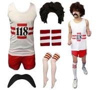 118 Mens Fancy Dress Costume Marathon Retro Vest Shorts Tash Socks Wig#(Womens 118 Full Set 6 PCs#Medium#Womens)