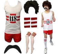 RIDDLED WITH STYLE Womens Unisex Mens 118 Set Fancy Dress Costume Marathon Retro Sleeveless Vest, Shorts, TASH, Socks and Wig Set For Unisex UK Small To X-Large