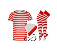 RIDDLED WITH STYLE Unisex Red/White Bobble Hat & Glasses T-Shirt Socks Set Theme Party Wear No Lens Glasses Book Day Book Week Red White Costume Complete Outfit