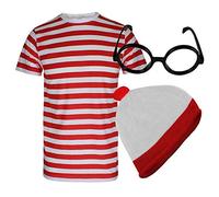 RIDDLED WITH STYLE Unisex Red/White Bobble Hat & Glasses T-Shirt Socks Set Theme Party Wear No Lens Glasses Book Day Book Week Red White Costume Complete Outfit