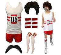 RIDDLED WITH STYLE Unisex Womens 118 Set Fancy Dress Mens Costume Marathon Retro Sleeveless Vest, Shorts, TASH, Socks and Wig Set For Unisex Plus Size UK Small To X-Large